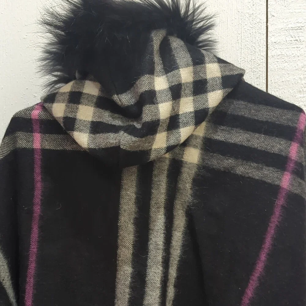 Charm Furs New York Women's Plaid Knit Scarf Genuine Fur Trim Black Beige Gray
